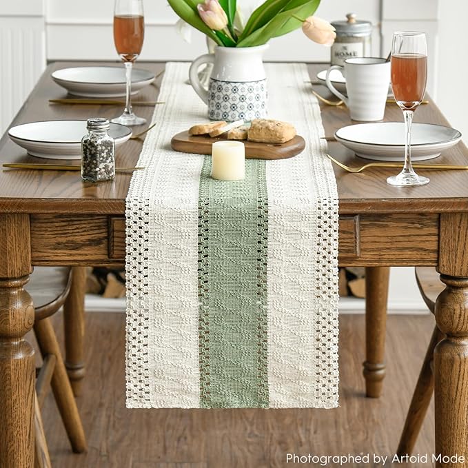 Artoid Mode Light Green Farmhouse Rustic Table Runner, Seasonal Holiday Hollow Kitchen Dining Table Decoration for Home Party Decor 12x48 Inch