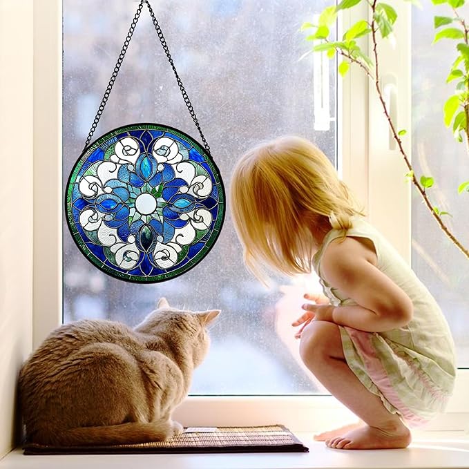 Stained Glass Window Hanging, Boho Style Sun Catchers Diamond Glass Panel Hangings Tiffany Suncatcher Decor for Birthday for Women, Men, Wife, Aunt, and Mom 11.8x11.8 in