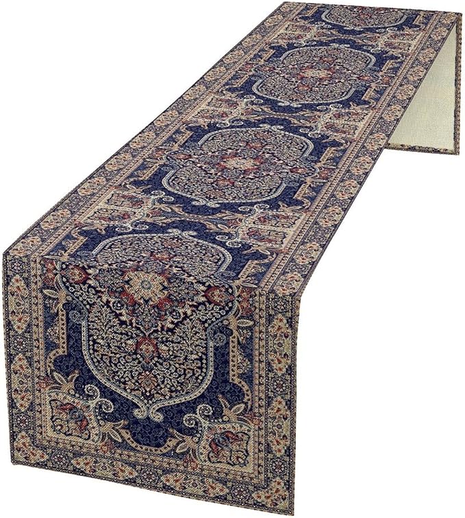 Boho Floral Vintage Table Runner, Blue Purple Retro Flower Rustic Country Farmhouse Pattern for Home Kitchen Table Decor Dining Coffee Room Party Decor 13x108in