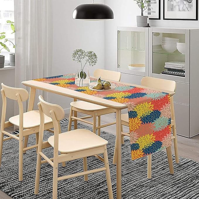 Dahlia Flowers Table Runner Colorful Floral Teal Grey Pink Yellow Blue Abstract Table Runner Kitchen Dining Party Decor Living Room, 13x36 Inch