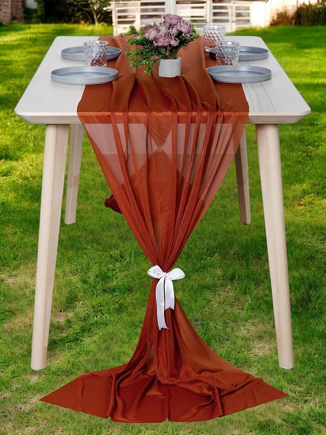 MDS 15 Pack 10ft Chiffon Table Runner 29 x 120 Inches Sheer Wedding Runner Romantic Rustic Table Runner for Wedding Decorations, Birthday Parties, Bridal Shower Party Arch Decor - Terracotta