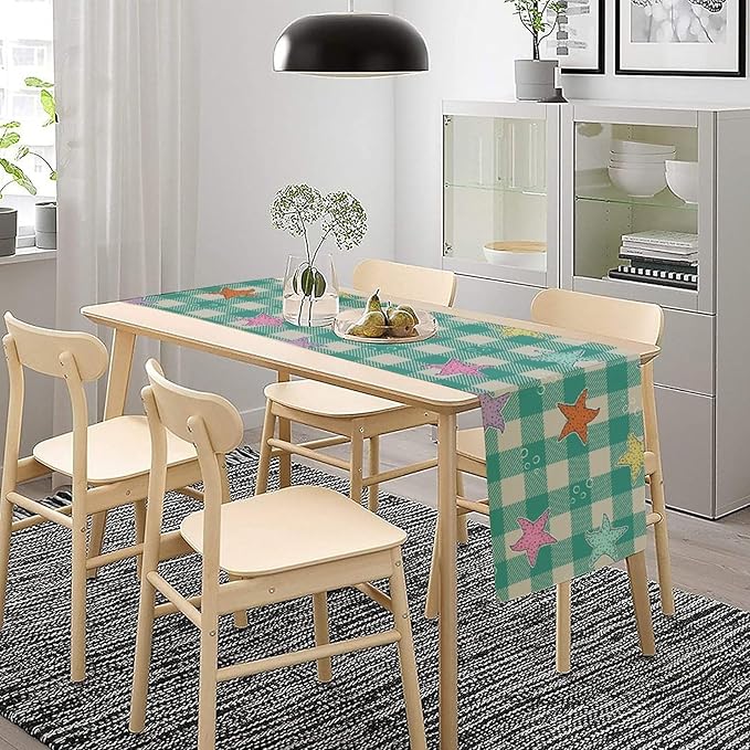 Starfish Plaid Table Flag Green Plaid and Marine Life Starfish Kitchen Table Flag Suitable for Birthday Party Restaurant Decoration Outdoor Picnic 13 * 120 Inch