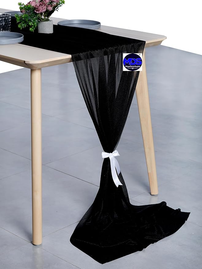 MDS 2 Pack 10ft Chiffon Table Runner 29 x 120 Inches Sheer Wedding Runner Romantic Rustic Table Runner for Wedding Decorations, Birthday Parties, Bridal Shower Party Arch Decor - Black