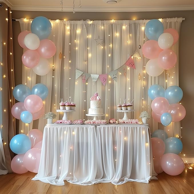 Fomcet Tulle Curtains with Lights String Ivory 20FT X 8FT Sheer Backdrop Curtains for Parties Wedding Baby Shower Photo Shoot Decorations (4 Panels 5 x 8FT)