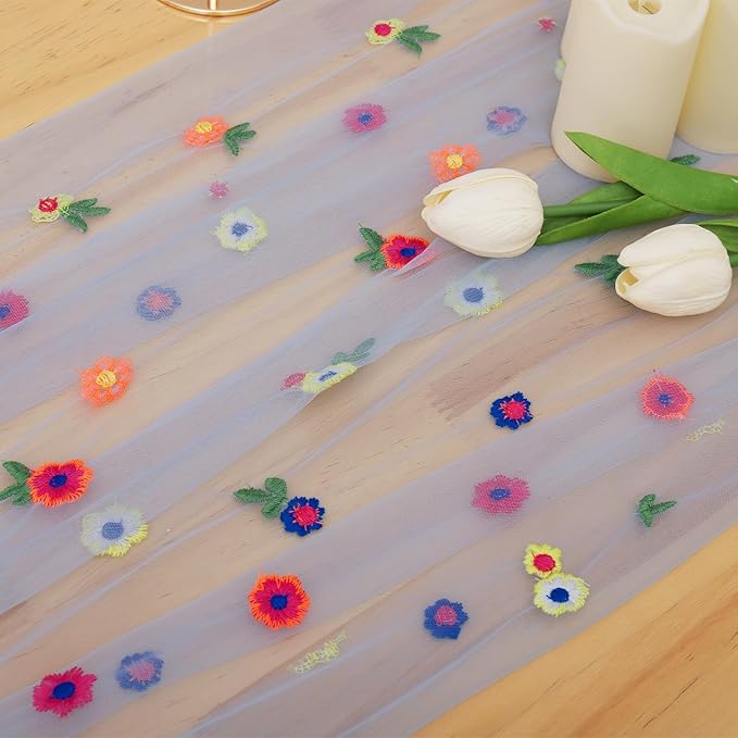 BINBE 3pcs Daisy Fall Table Runner Embroidery Gauze 10FT Florals Seasonal Tulle Holiday Birthday Kitchen Dining Table Decor for Home Party Blue