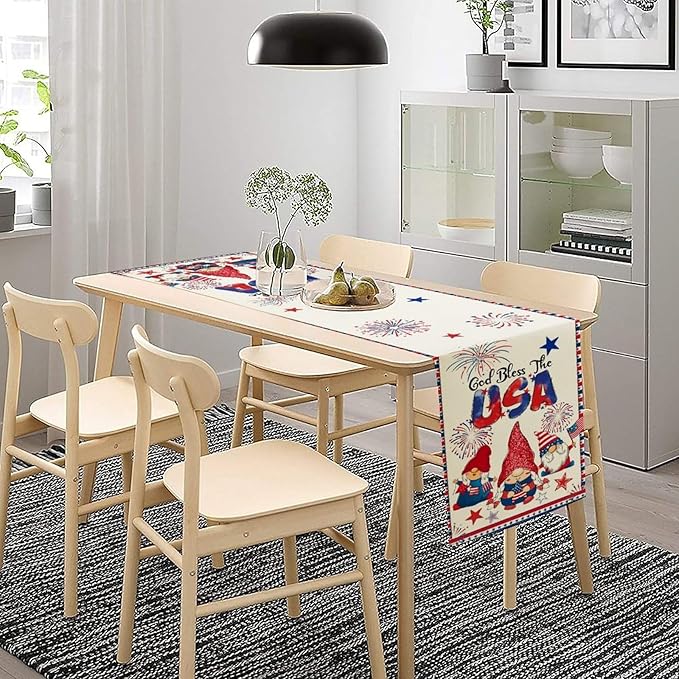 Cute Patriotic Gnomes Table Runner, American Independence Day 4th of July Gnome Blue Red Fireworks Confetti Print Table Runner for Home Kitchen Dining Table Party Decor, 13x108inch