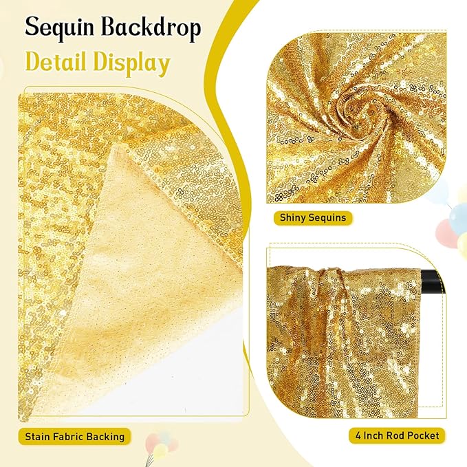SquarePie Sequin Backdrop Less See Through Thick Background for Photography Glitter Curtain Party 7FT x 7FT Gold