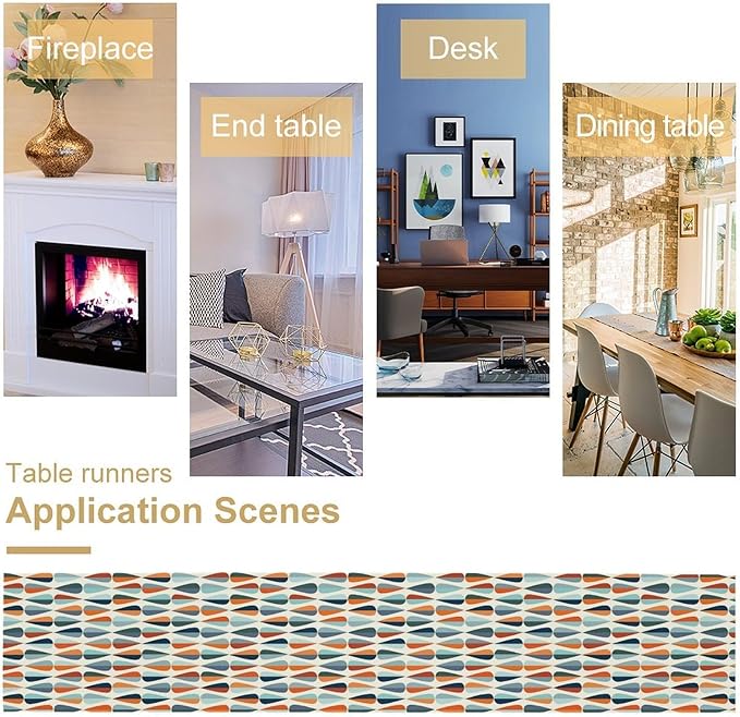 Mid Century Table Runner, Modern Style Retro Pattern Droplet Shapes Mosaic Tones Pattern Print for Home Kitchen Table Decor Dining Coffee Room Party Decor 13x60in