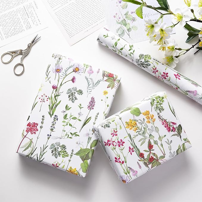 RUSPEPA 30" X 32.8' Wild Flower Wrapping Large Paper Roll for Women Girls, Jumbo Roll, Elegant Floral Design Gift Wrap Perfect for Birthday, Bridal Shower, Spring, Wedding, Mother's Day, 82 sq. ft.