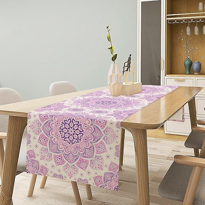Purple Pink Mandala Table Runner, Traditional Indian Boho Mandala Flowers Print Table Runne for Kitchen Dining Table Office Wedding Party Holiday Home Decor, 13x120inch