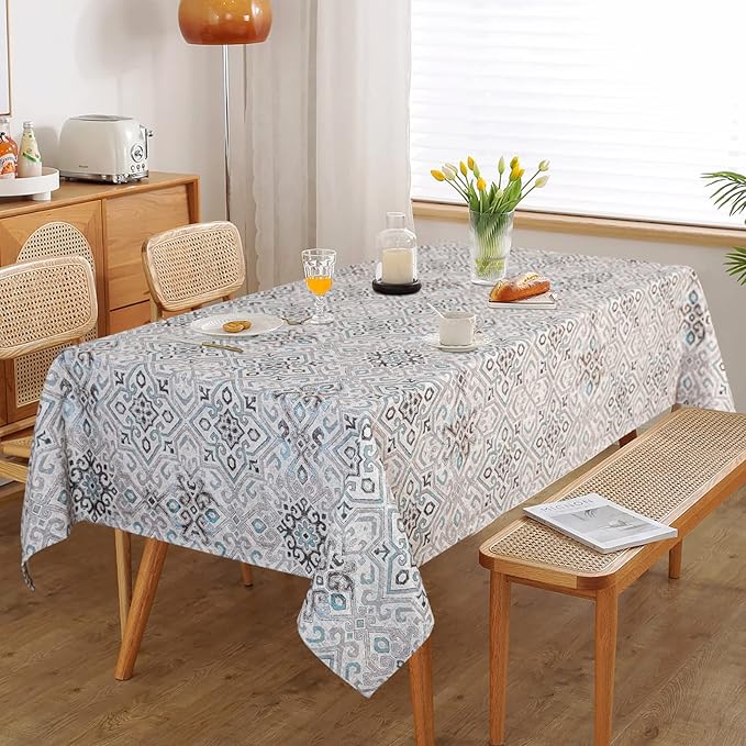 MYSKY HOME Rectangle Tablecloth 60x120 Inches -Linen Farmhouse Geometric Patterned Tablecloth Waterproof Decorative Washable Fabric Table Cloth for Kitchen Dining Moroccan Tablecloth，Grey