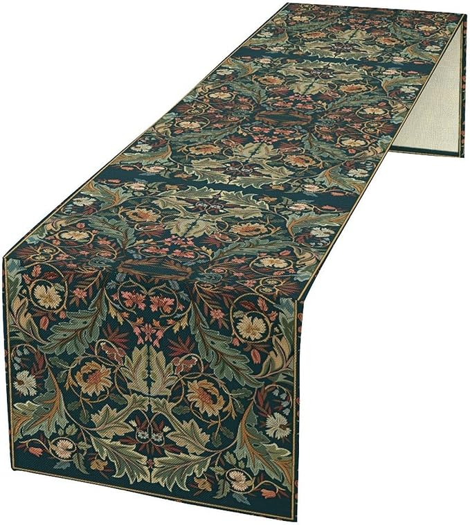 Green Morris Floral Table Runner, Boho Rustic Country Farmhouse Teal Red Rose Pattern for Home Kitchen Table Decor Dining Coffee Room Party Decor 13x60in