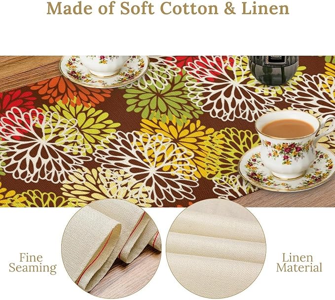 Brown Dahlia Floral Table Runner, Seasonal Autumn Thanksgiving Pattern Print for Home Kitchen Table Decor Dining Coffee Room Party Decor 13x36 Inch