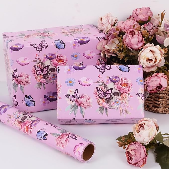 Aimyoo Gothic Wrapping Paper Roll, 17 Inch X 16.5 Feet Skull Floral Butterfly Design Gift Wrap Paper for Mother's Day, Birthday Bridal Shower