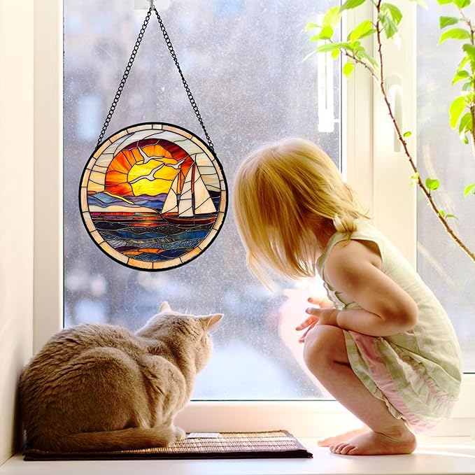Stained Glass Window Hanging, Sun Ocean Sailboat Seagull Abstract Suncatcher Diamond Glass Panel Sun Catchers Decor for Birthday for Women, Men, Wife, Aunt, and Mom 7.8 in