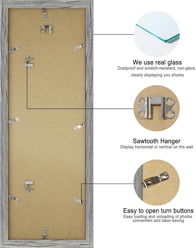 8x24 Picture Frame 2 Pack, Rustic Grey Wood Frame with Tempered Glass, Display Pictures Multiple Five 4x6 With Mat or 8 x 24 Without Mat - Horizontal or Vertical Wall Mounting