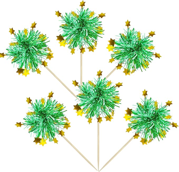 Ephlyn 30Pcs Foil Firework Cupcake Toppers Happy Birthday Cake Toppers Tinsel Flower Drink Stirrers Cocktail Food Fruit Toothpicks for Valentine's Day Party Decorations Green