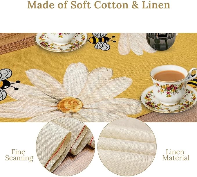Daisy Flower Table Runner, Summer Spring Seasonal Watercolor Wildflower Yellow Bee Print Table Cover for Home Party Decor Kitchen Dining Table, 13x60inch