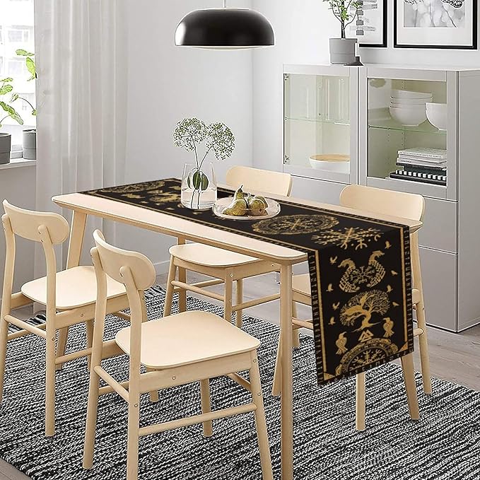 Viking Tree of Life Abstract Table Runner for Living Room Home Party Coffee Dining Party Wedding Golden Black Celtic Style Geometric Dragon Boat Rudder Ancient Script Table Runner 13x70 Inch