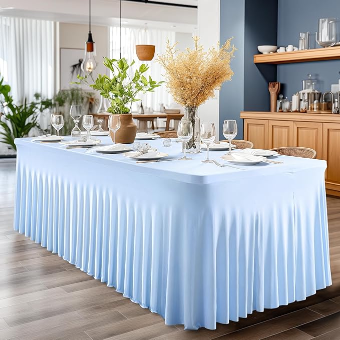 Wish Care 2 Pack Baby Blue Spandex Table Clothes for 8 Foot Rectangle Tables, 8FT Wrinkle Free Fitted Tablecloths Ruffles Design Table Cover for Party, Banquet, Wedding and Events