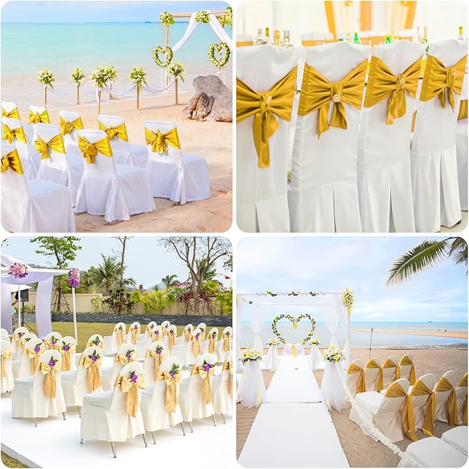 10 PCS Gold Satin Chair Sashes Bows Universal Chair Ribbon Ties Back Sash for Wedding Party Reception Events Banquets Hotel Event Chair Cover Decoration (7x108 inch)