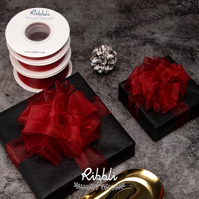 Ribbli Red Sheer Organza Ribbon,1 Inch x Continuous 50 Yard Use for Gift Wrapping,Bouquet Wrapping,Wedding Decoration,All Crafting and Sewing
