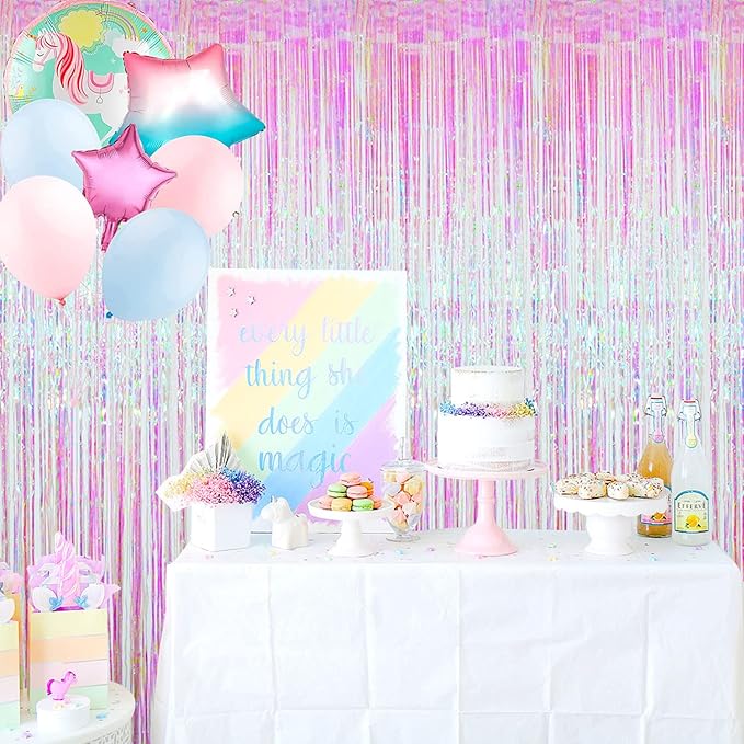 GOER 3.2 ft x 9.8 ft Metallic Tinsel Foil Fringe Curtains Party Photo Backdrop Party Streamers for Birthday,Graduation,New Year Eve Decorations Wedding Decor (Iridescent,5 pcs)