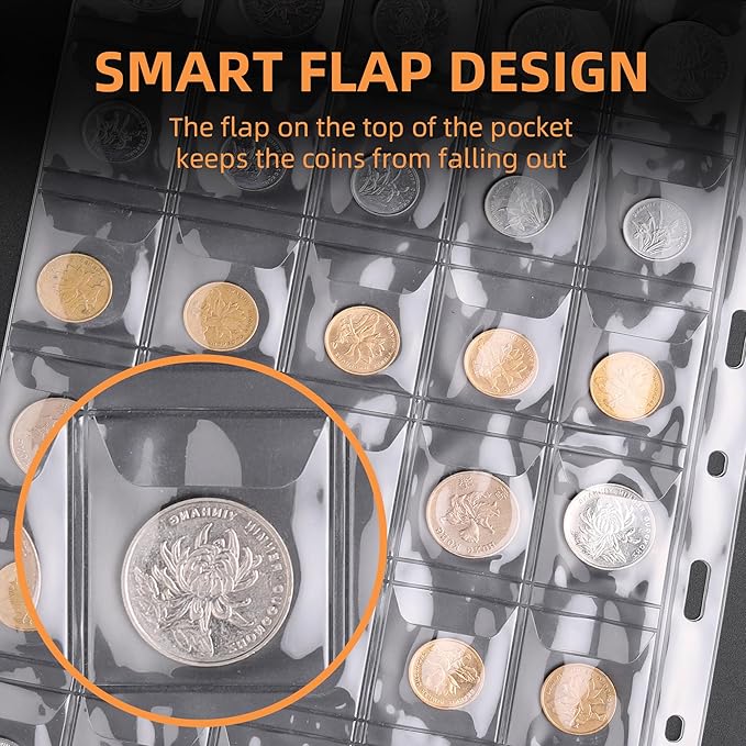 Coin Collection Book Holder for Collectors, 300 Pockets Fireproof Coins Collecting Album & 36 Sleeves Money Storage Case for Coin Currency Collection Supplies, Bill, Pennies, Quarters, Stamp,Blue