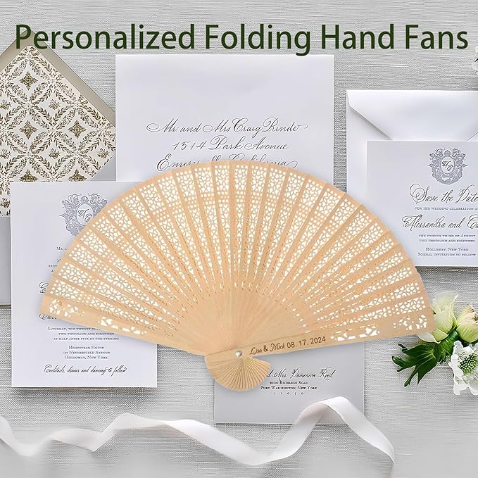 100Pcs Wedding Fans Personalized Folding Hand Fans Custom Sandalwood Wedding Fans with Organza Bags Wedding Party Favor Wedding Fans for Guests (50)