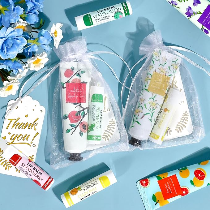 AZEN 24 Sets Bulk Gifts, Hand Cream and Lip Balm Bulk Set with Organza Bag Thank You Card, Baby Shower Wedding Gifts for Guests, Bridal Wedding Favors for Guests, Thank You Gifts for Women