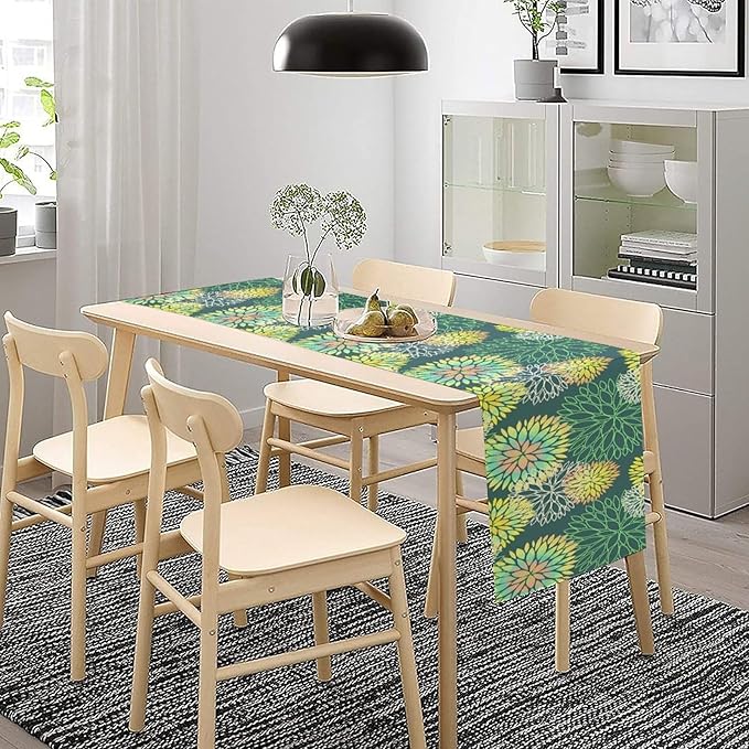 Green Dahlia Flower Table Runner, Linen Geometric Pattern Floral Table Decor Spring Farmhouse Decorations for Kitchen Dining Holiday Party Decor, 13x36 Inch