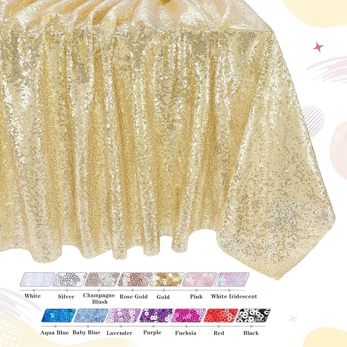 QueenDream Party Tablecloth Light Gold - 90x156 Inch Sequin Fabric Table Cloths Rectangle Cover Birthday Parties Holiday Decorations