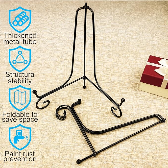 4PCS Premium Black Iron Plate Stands for Display, 8 Inch, Decorative Solid Metal Plate Holders for Displaying, Mini Easel, Frame, Book, Card, Plaque, Bowl, Picture Stands