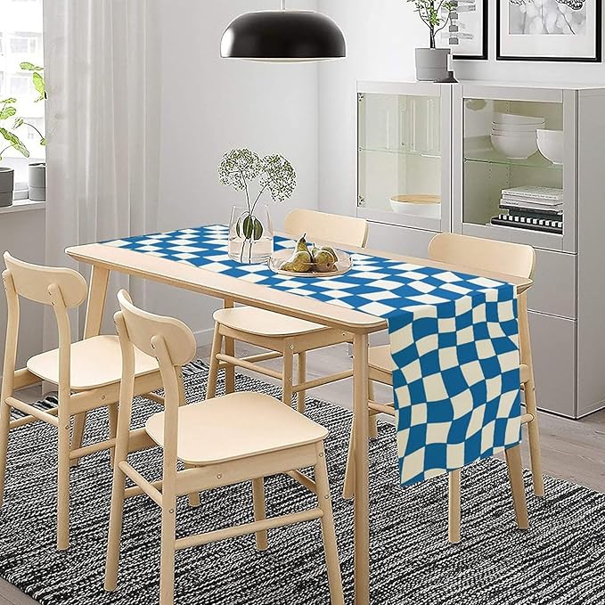 Table Flag Retro Plaid 60s70s Blue Plaid Table Flag Kitchen Restaurant Decoration Suitable for Indoor and Outdoor Festival Home Wedding Party Table Flag 13x120