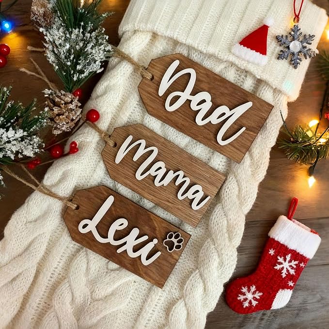 4Pcs Personalized Christmas Stocking Name Tags Custom Wooden Stocking Name Tag Customized Letters Tags Custom Xmas Stockings Hanging Tag Gifts for Christmas Stockings