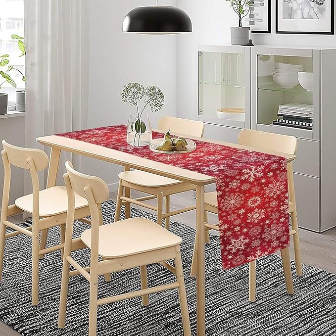 Snowflakes Christmas Table Runner, Winter Holiday Red Table Cloth Kitchen Dining Table Decoration for Home Party Decor 13x90 Inch