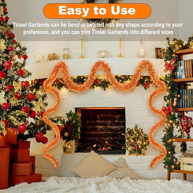 50 Feet Christmas Foil Fringe Banner Metallic Tassle Garland Metallic Backdrop Parade Floats Shiny Hanging Ceiling, Valentine's, Wedding, New Year Party Decorations(2" x 50', Macaron Orange)