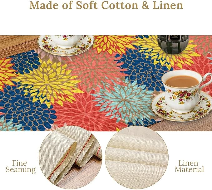 Dahlia Flowers Table Runner Colorful Floral Teal Grey Pink Yellow Blue Abstract Table Runner Kitchen Dining Party Decor Living Room, 13x70 Inch