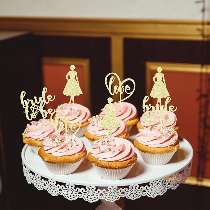 Sotpot 24PCS Bride to Be Cupcake Toppers with Heart Gold Glitter Dress Bridal Shower Cupcake Picks for Wedding Bridal Shower Wedding Engagement Party Cake Decorations