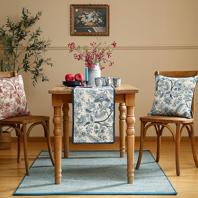 ISAENNE Designer Chinoiserie Elegant Linen Extra Long Table Runner 118 Inches,Blue Floral Pattern Decor Table Runners for Thanksgiving,Dining Room,Banquet,Kitchen Tables,Christmas,12"*118"-Ruyi B