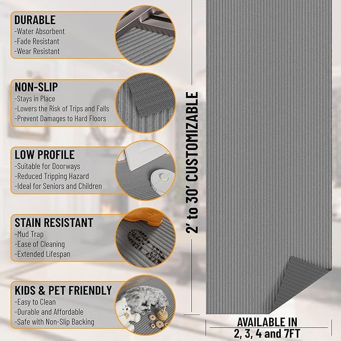 Ottomanson 6'6" x 8' Mud Mat Area Rug Scraper Carpet - Non-Slip, Dirt Trapping for Indoor & Outdoor Use - Ideal for Entryway, Garage, Kitchen, Patio & High-Traffic Areas, Gray