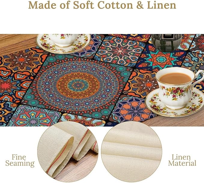 Bohemian Table Runner, Colorful Vintage Indian Mandala Floral Table Runners for Kitchen Dining Coffee Table Indoor Outdoor Party Decor, 13x60inch