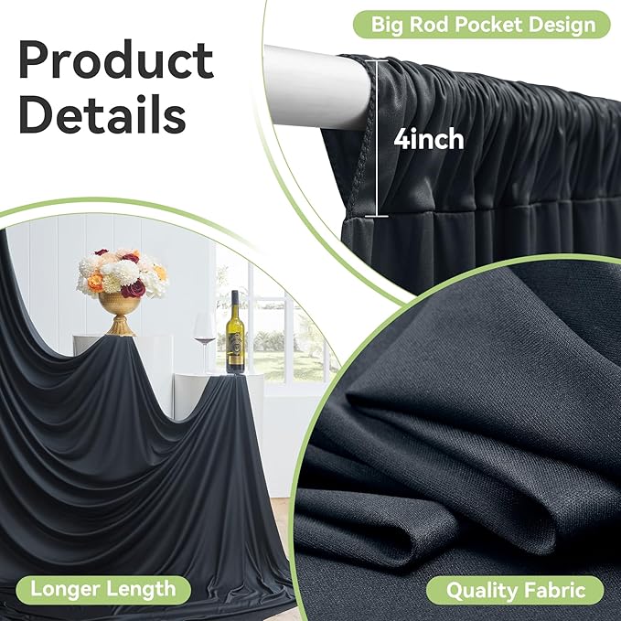 50ftx12ft Wrinkle Free Black Backdrop Curtain, 10 Panels 12FT Height Black Wedding Backdrop Drapes, Silky Polyester Back Drop Cloth for Birthday Photography Background Party Backdrop Draping