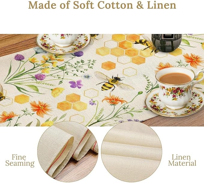 Summer Bee Table Runner, Seasonal Spring Wildflowers Bee Yellow Honeycombs Farmhouse Table Runner for Kitchen Dining Table Home Party Decor, 13x70inch