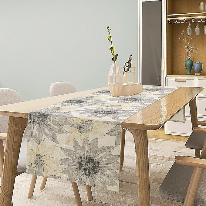 Chrysanthemum Vintage Floral Table Runner, Elegant Grunge Green Sunflower Spring Summer Elegant Pattern Artichokes Flower Table Runner for Party Kitchen Dining Living Room Decor, 13x36 Inch