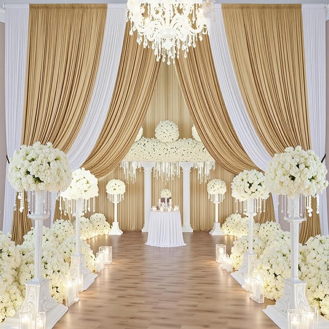 50ft x 15ft Beige Wrinkle Free Backdrop Curtains for Parties,Silky Polyester Fabric Wedding Ceiling Drapes, 10 Panels 15ft Photo Back Drop Drapes for Baby Shower Photography Stage Background Cloth