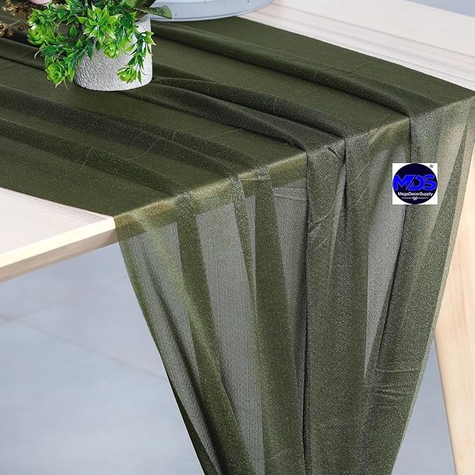 MDS 25 Pack 10ft Chiffon Table Runner 29 x 120 Inches Sheer Wedding Runner Romantic Rustic Table Runner for Wedding Decorations, Birthday Parties, Bridal Shower Party Arch Decor - Olive Green