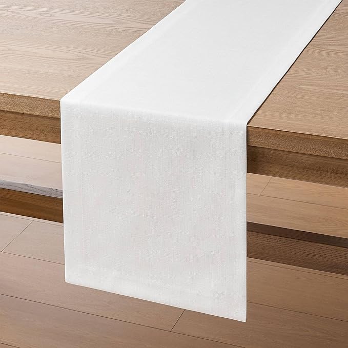 ZeeMart Linen Textured Border Table Runner, 14 x 90 Inch White, Farmhouse Style White Table Runners 90 Inches Long, Easy Care Everyday Polyester Table Runner