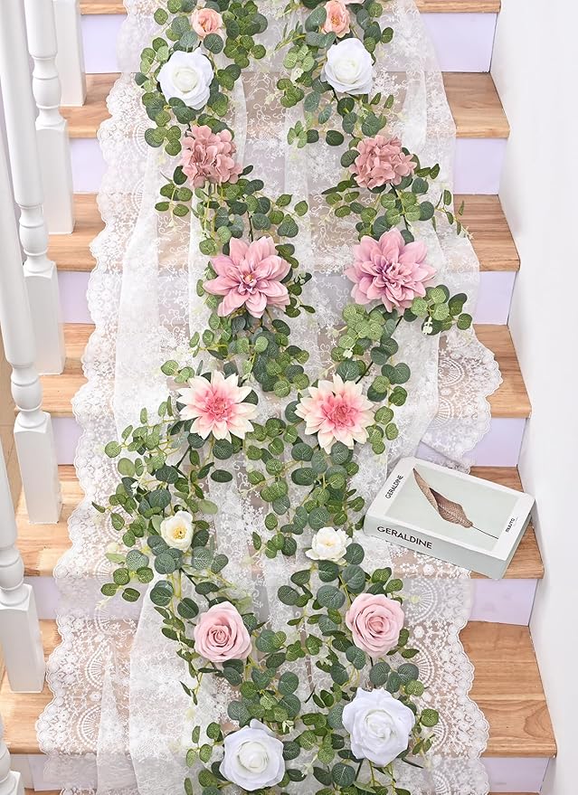 Waipfaru 2 Pcs Flower Garland, 12.14ft Eucalyptus Garland Vines with Flowers for Wedding Reception Table Mantle Spring Room Decor (Rose Pink)
