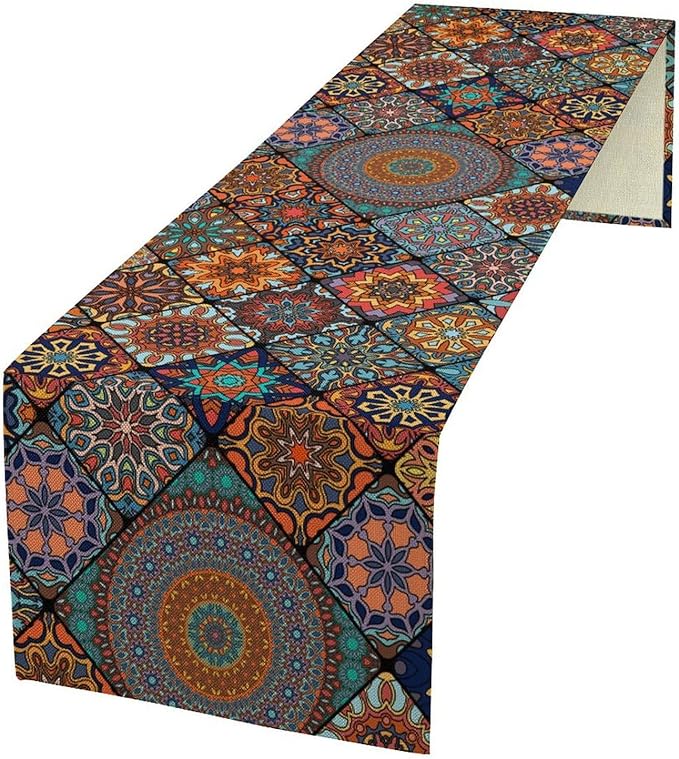 Bohemian Table Runner, Colorful Vintage Indian Mandala Floral Table Runners for Kitchen Dining Coffee Table Indoor Outdoor Party Decor, 13x120inch